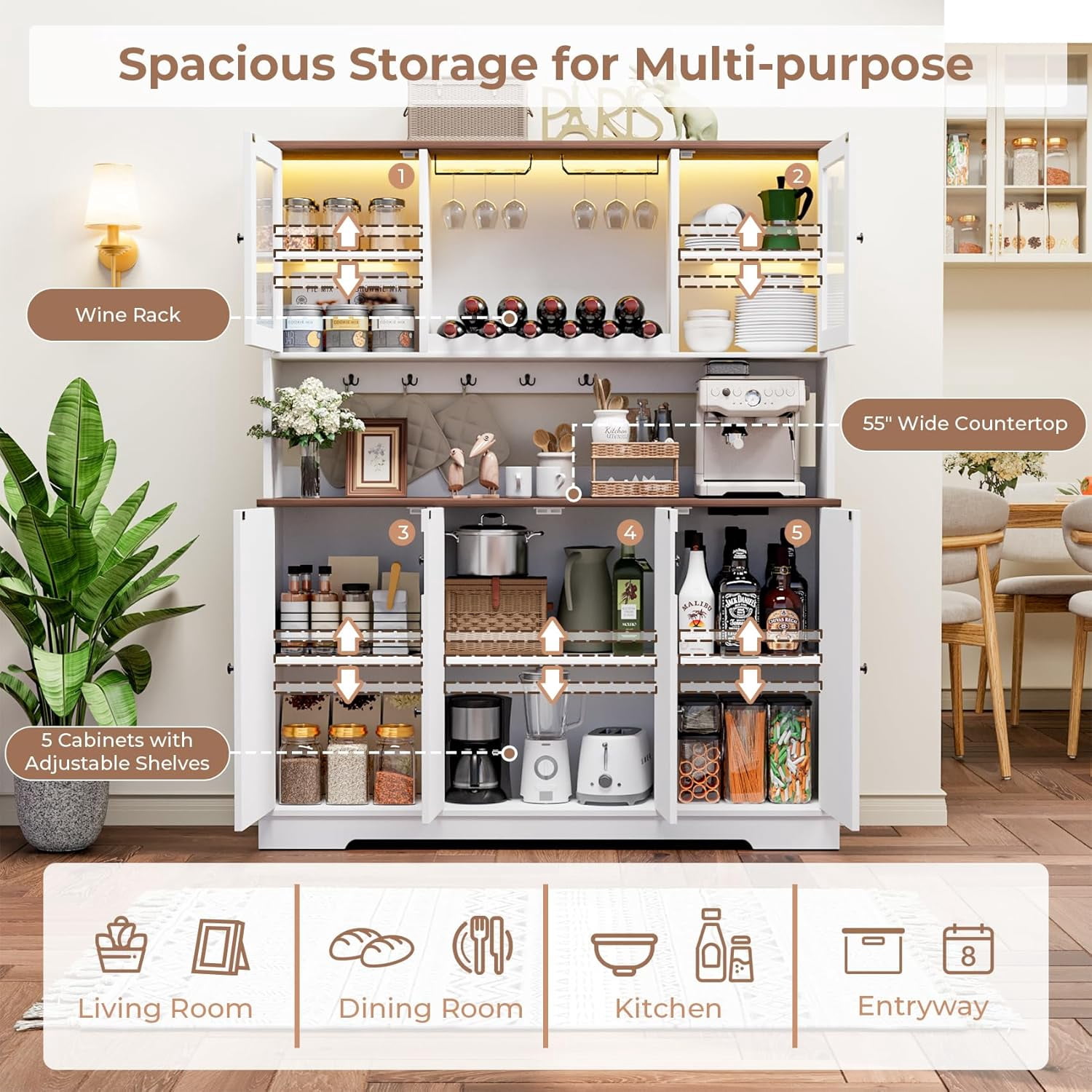 HAUXITIO 55"W Farmhouse Kitchen Pantry with Charging Station & Wine Rack,68" Tall Buffet Cabinet with Large Countertop for Dining Room,White