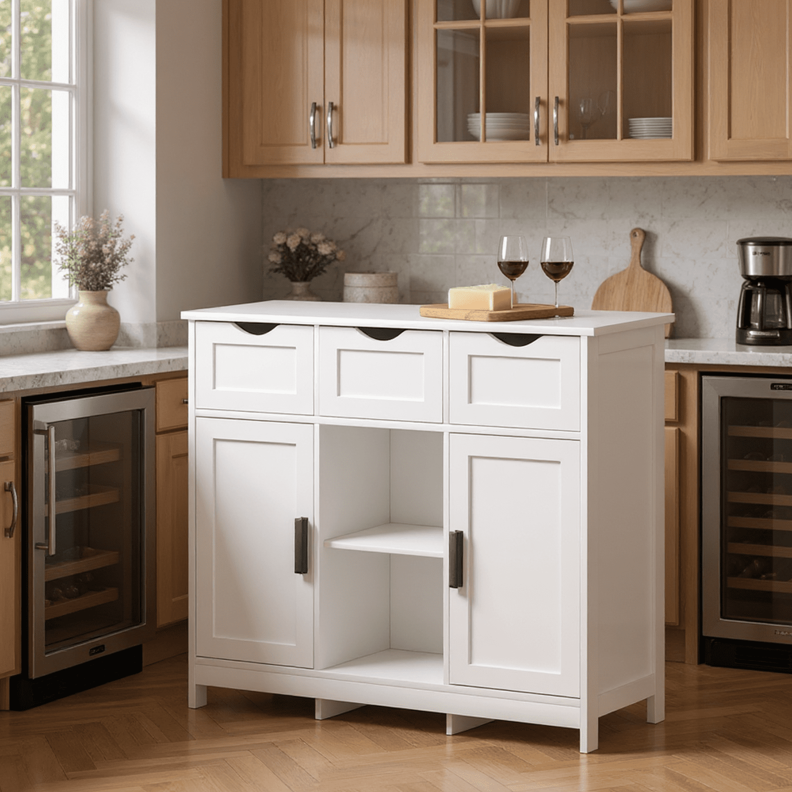 Homy Casa White Storage Sideboard with 3 Drawers & Adjustable Shelves