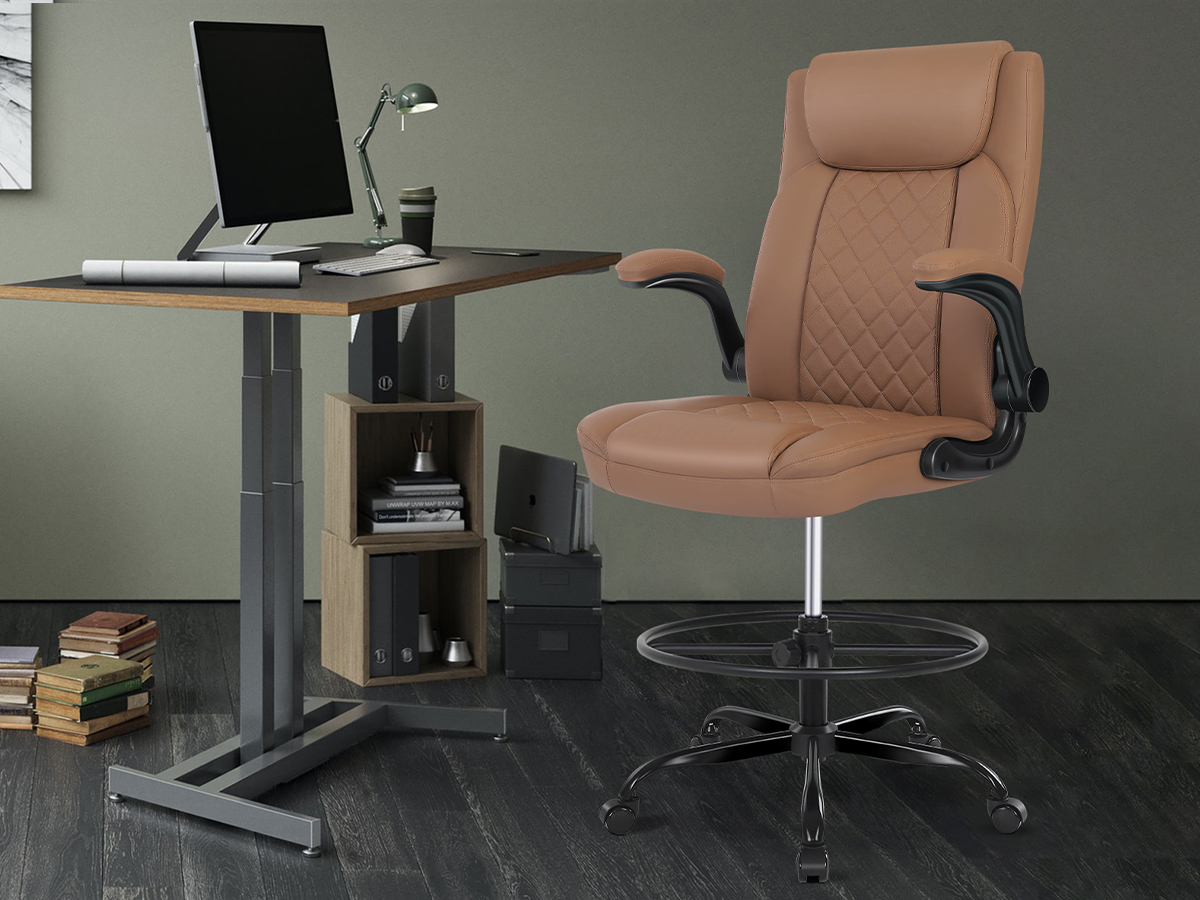 Misolant Drafting Chair, Tall Office Chair for Standing Desk, Standing Desk Chair with Adjustable Height and Flip-up Arm, Leather Drafting Chair, High Office Chair for Counter Height Desk