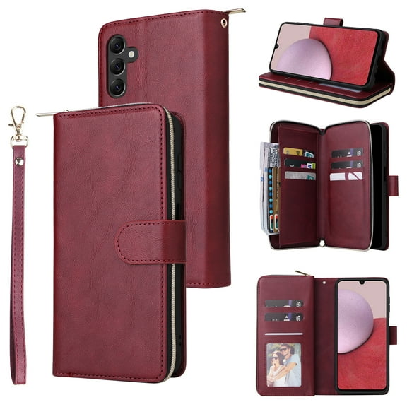 Dteck Wallet Case for Galaxy A54 5G,Samsung A54 5G Case,Zipper Wallet Pocket PU Leather Handbag Card Holder Slots Wrist Strap Flip Protective Phone Cover,winered