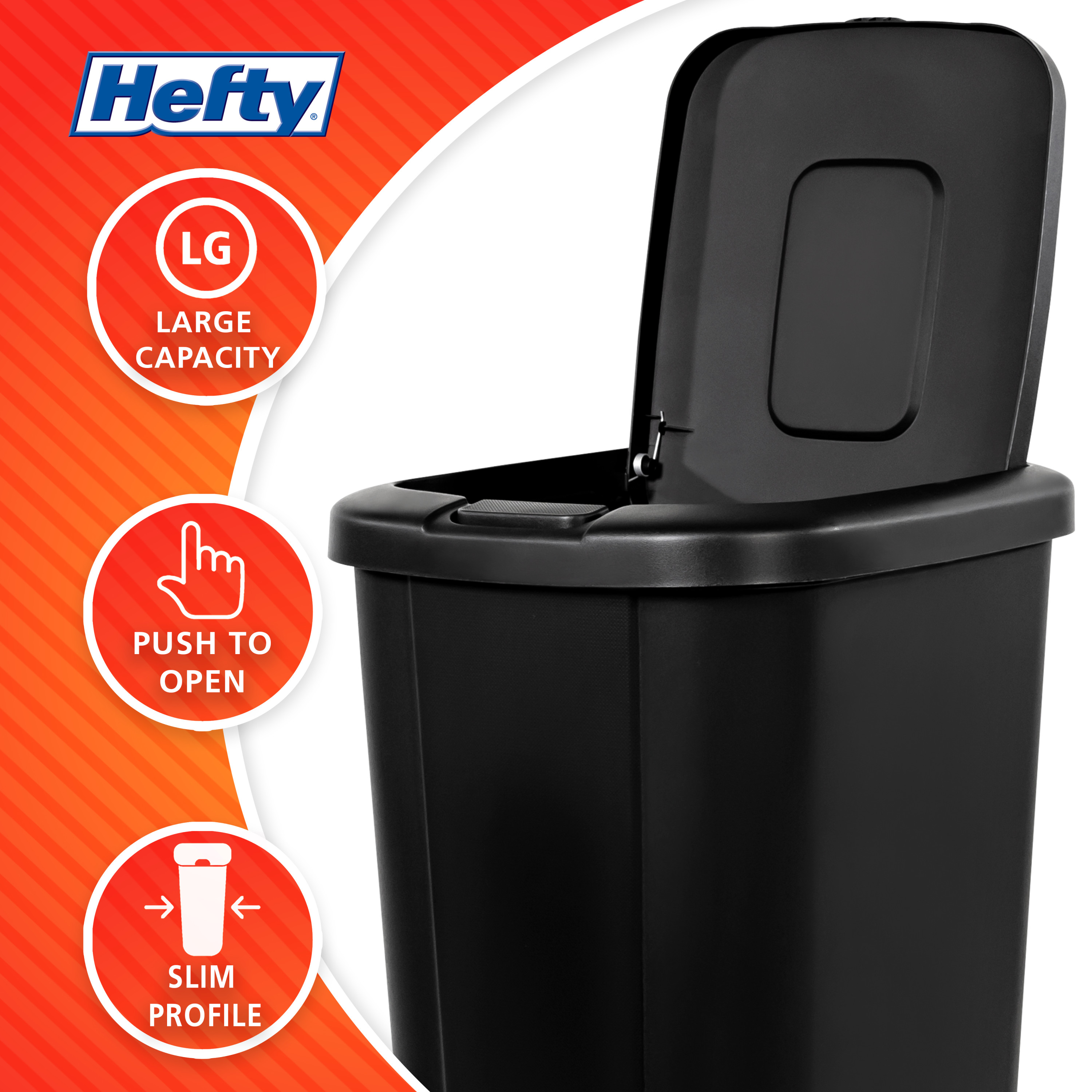 Hefty 13.3 Gallon Trash Can, Plastic Touch Top Kitchen Trash Can, Black - image 2 of 8
