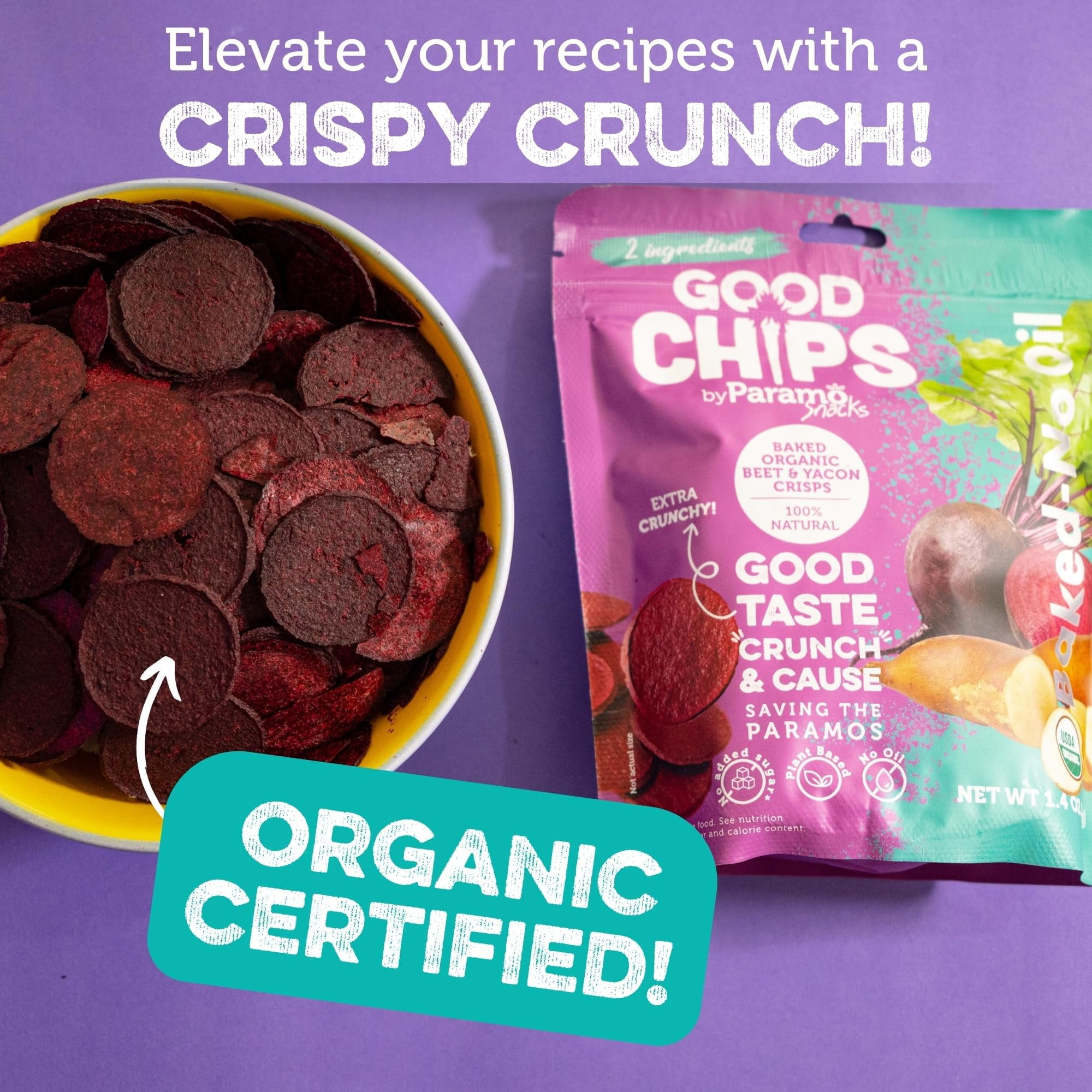 GOOD CHIPS Baked Beet Yacon Chips, Organic Prebiotic Snack, 8-Pack, 1.4oz Bags