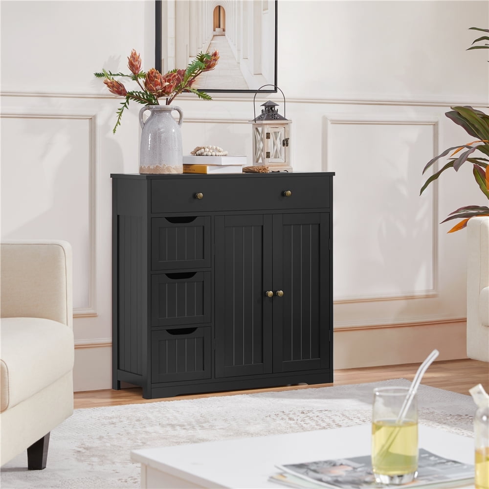 Yaheetech Modern Wooden Bathroom Storage Cabinet with Adjustable Shelf, 4 Drawers, 2 Doors, White