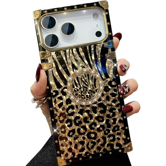 Cute Phone Case for iPhone 17 Pro Leopard with Rhinestone Ring Stand Holder, Black Leopard Cheetah Print Shockproof Sparkle Bling Fashion Cover 6.3'' for Women Girls, Leopard Pattern