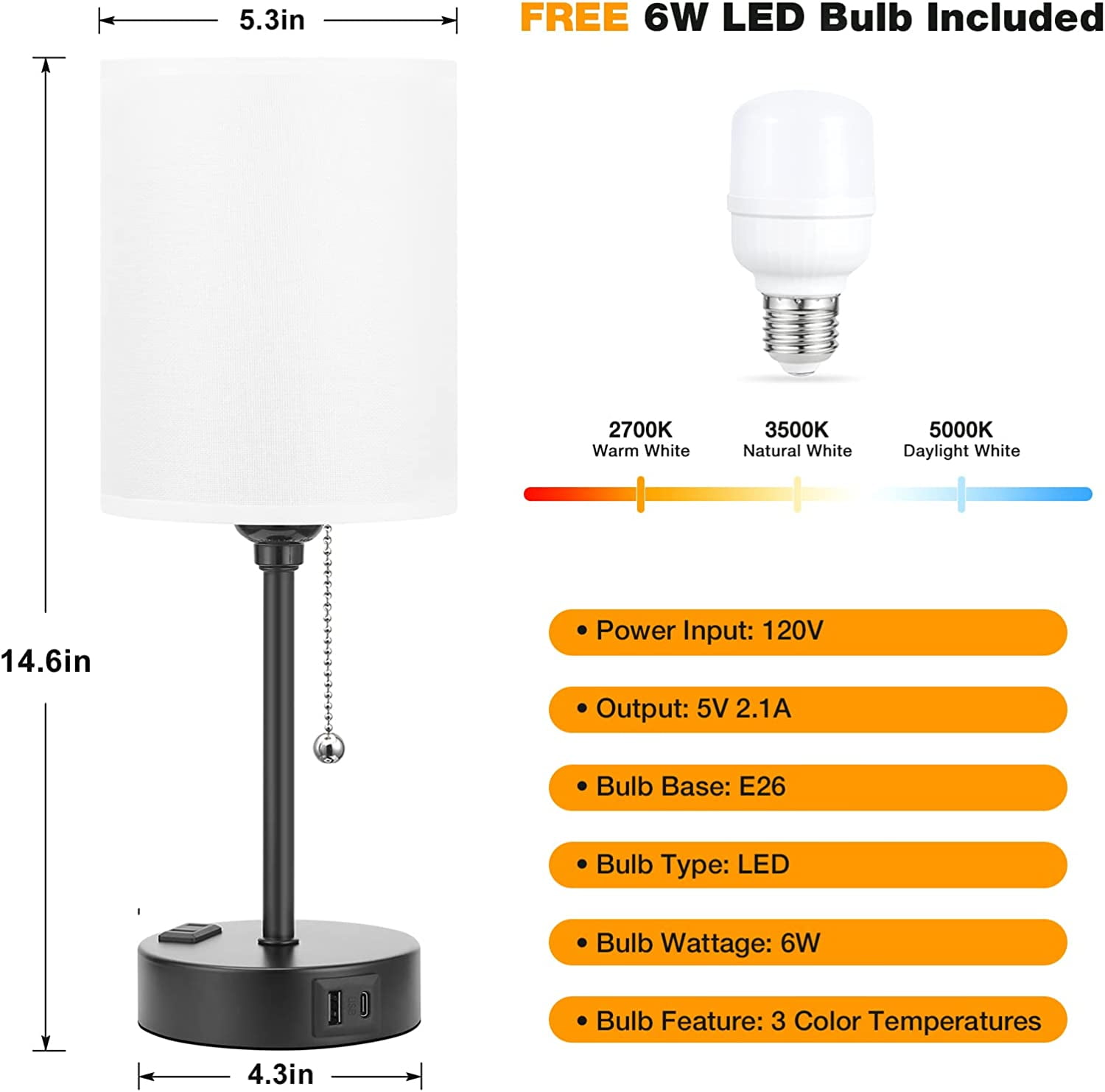 CAALOGT Table Lamp with USB Ports, AC Outlet, 3 Color Temperatures, 14.6 inch Bedroom Lamp