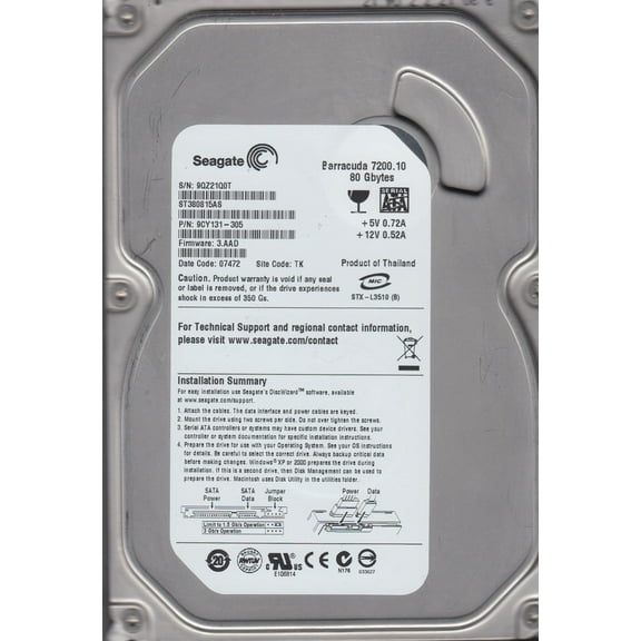 ST380815AS, 9QZ, TK, PN 9CY131-305, FW 3.AAD, Seagate 80GB SATA 3.5 Hard Drive