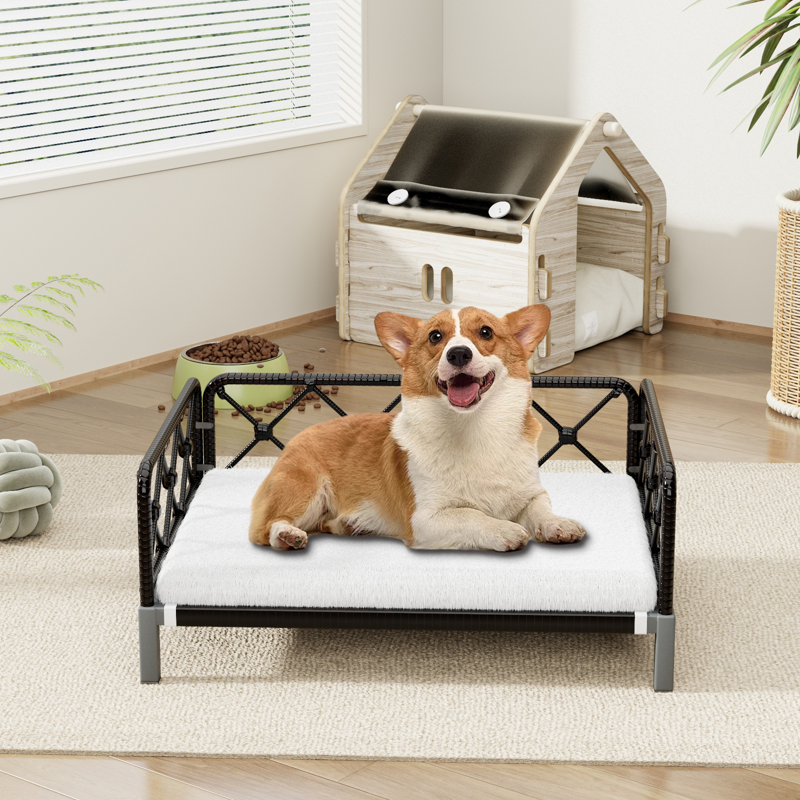Wallowsun Wicker Dog Bed with 2'' Cushion,Rattan Dog Sofa Bed for Small Medium Dogs– Indoor/Outdoor Metal Frame Pet Bed up 66lbs(Black Rattan White Cushion)
