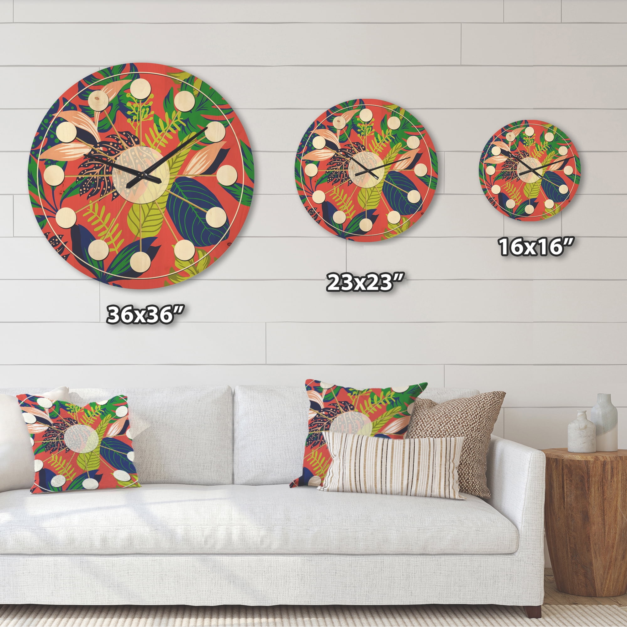 Designart 'Tropical Leaves Retro Pattern I' Mid-Century Modern Wood Wall Clock