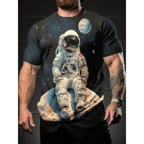Astronaut Space Theme Men's 3D Printed T-Shirt, Vivid Crew Neck and Short Sleeves, Summer Out, Casual Wear, Art Pattern T-Shirt, Holiday Gifts