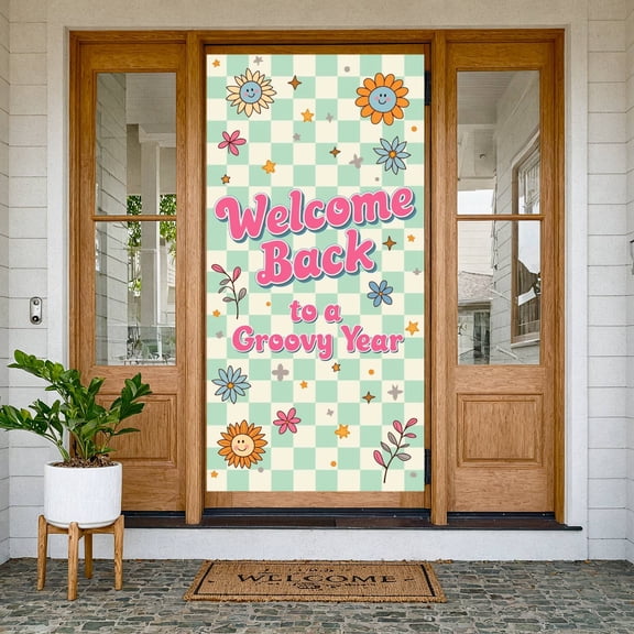 Groovy Welcome Back Banner Colorful Floral Backdrop Retro Checkered Display for Classroom Reopening School Welcome Party Classroom Celebration