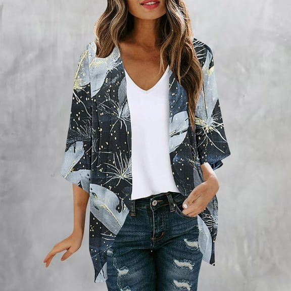 Luxalzxs Summer Cardigans for Women Lightweight 3/4 Sleeve Chiffon Kimono Shrug Beach Cover Ups Casual Loose Boho Floral Print Swimsuit Coverup Blouse