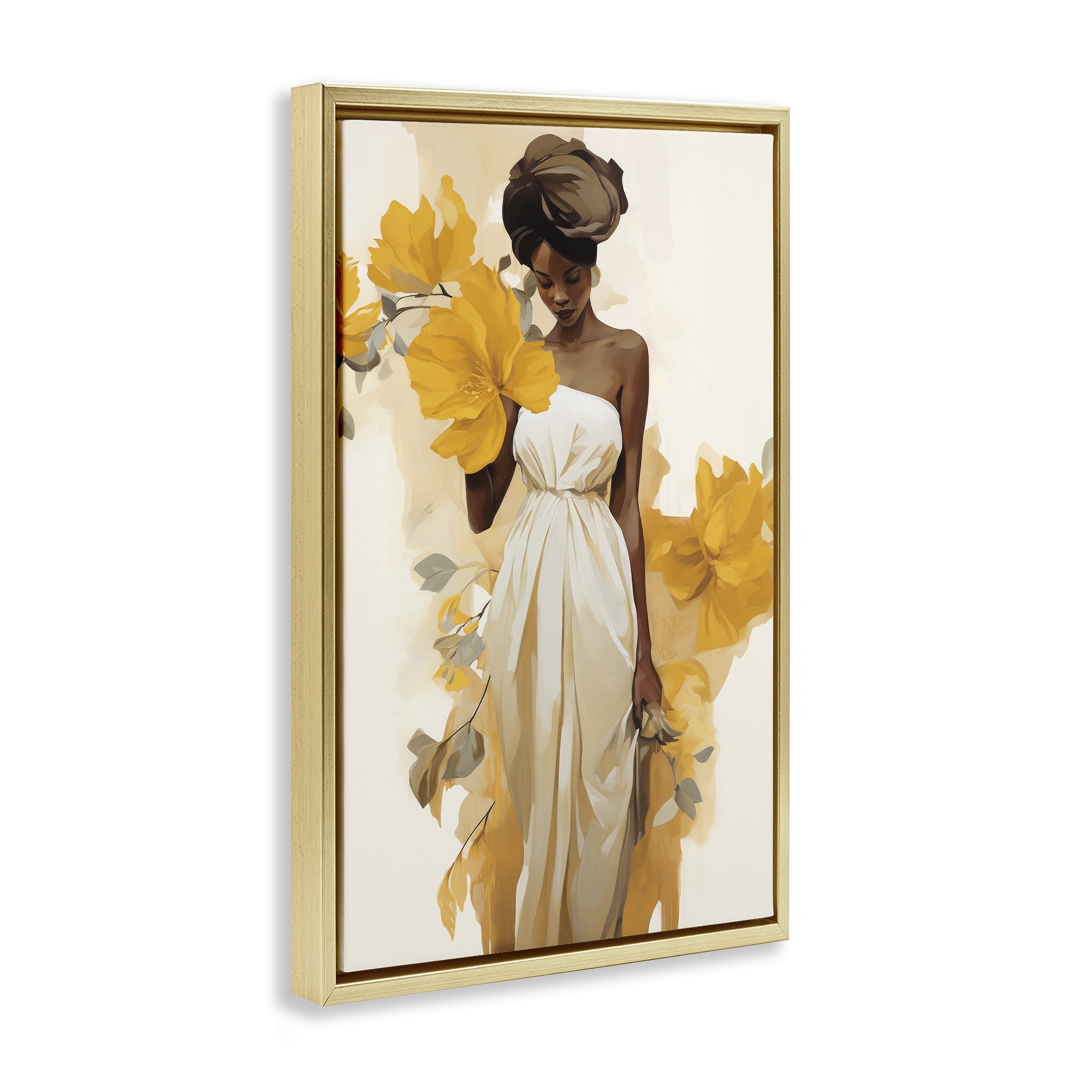 Stupell Industries Elegant Floral Woman People Painting Gold Floater Framed Canvas Art Print Wall Art, 17 x 25