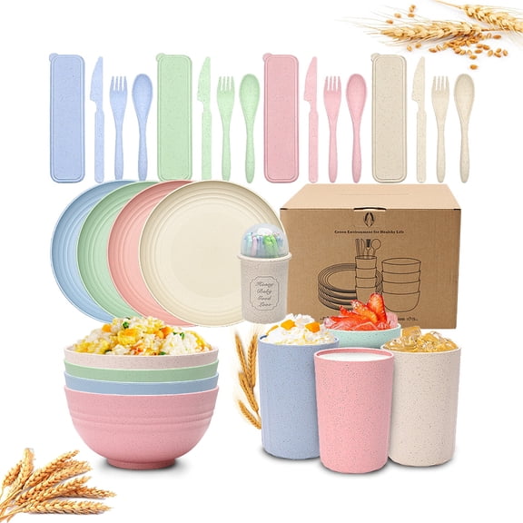 RUseeN 29PCS Wheat Straw Dinnerware Sets - Lightweight & Unbreakable Dishes Set - Microwave & Dishwasher Safe - Perfect for Camping, Picnic, Dorm - Plates and Bowls Sets, Kitchen Plates and Bowls Set