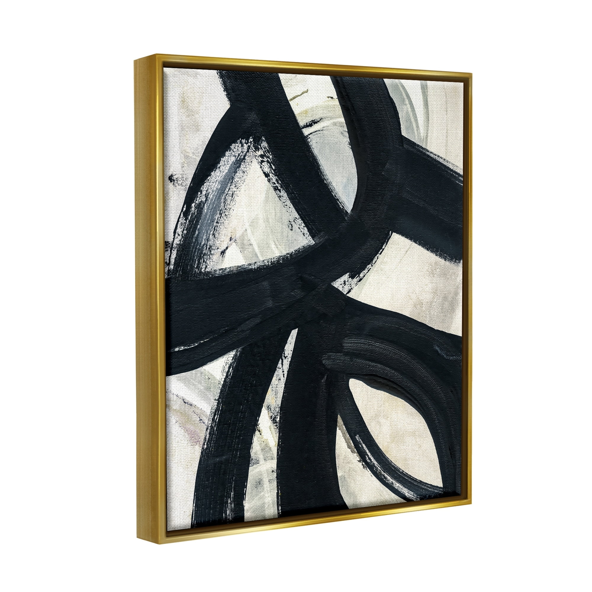 Stupell Industries Dynamic Modern Black Paint Strokes Bold Abstract Painting Metallic Gold Floating Framed Canvas Print Wall Art, Design by Susan Jill