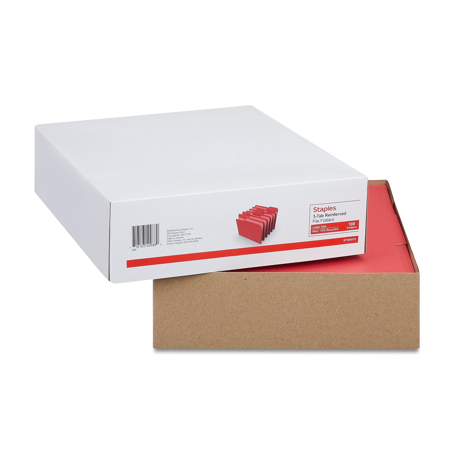 Staples Colored File Folders w/ Reinforced Tabs Letter 3 Tab Red 100/Box TR508978/13846
