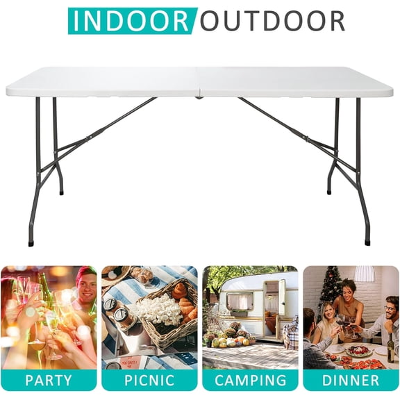 6FT Folding Table Heavy Duty Portable White Plastic Table for Indoor Outdoor Camping Picnic Party Dining, Fold in Half with Carrying Handle