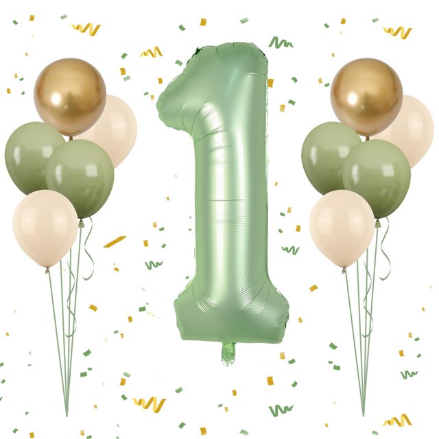 Set de globos FunHot, 40 cm, verde salvia, número 1 con globos