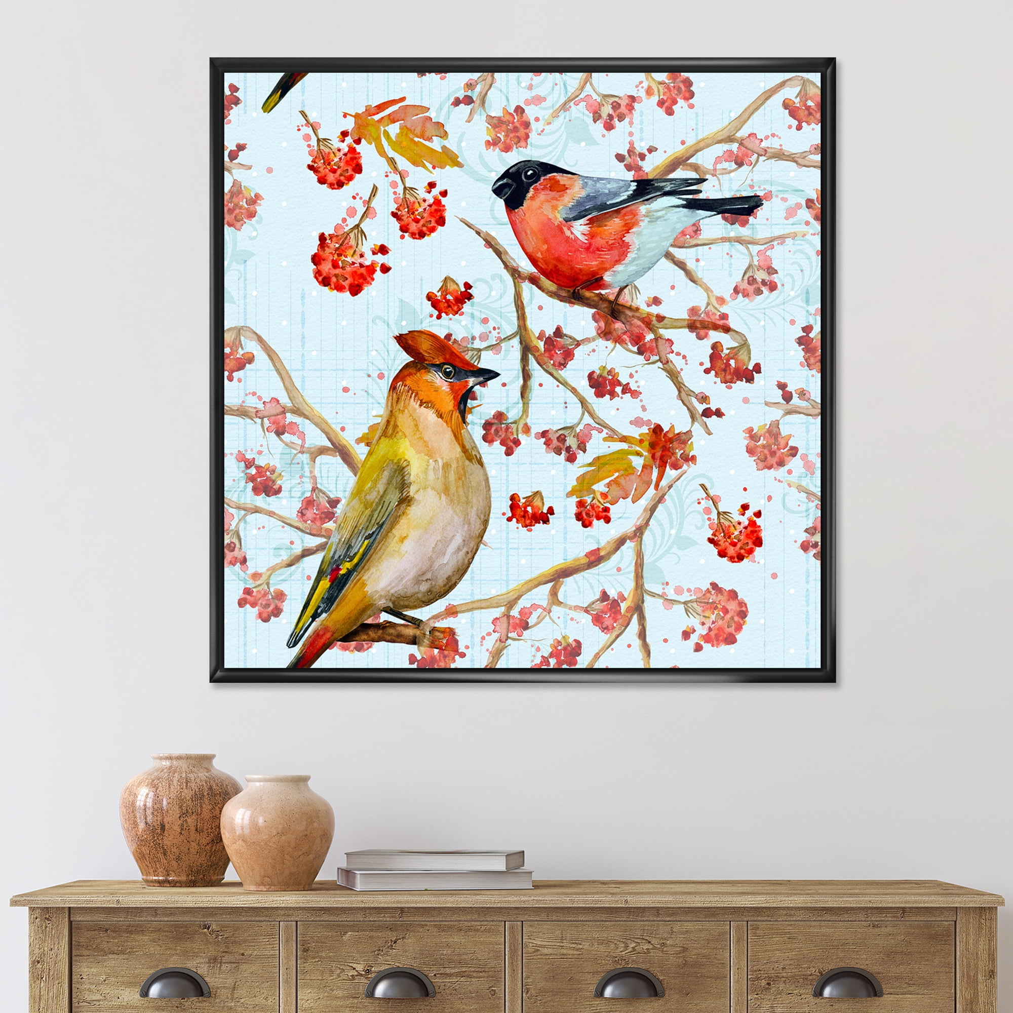 Designart 'Two Birds Sitting On Branches During Autumn' Traditional Framed Canvas Wall Art Print