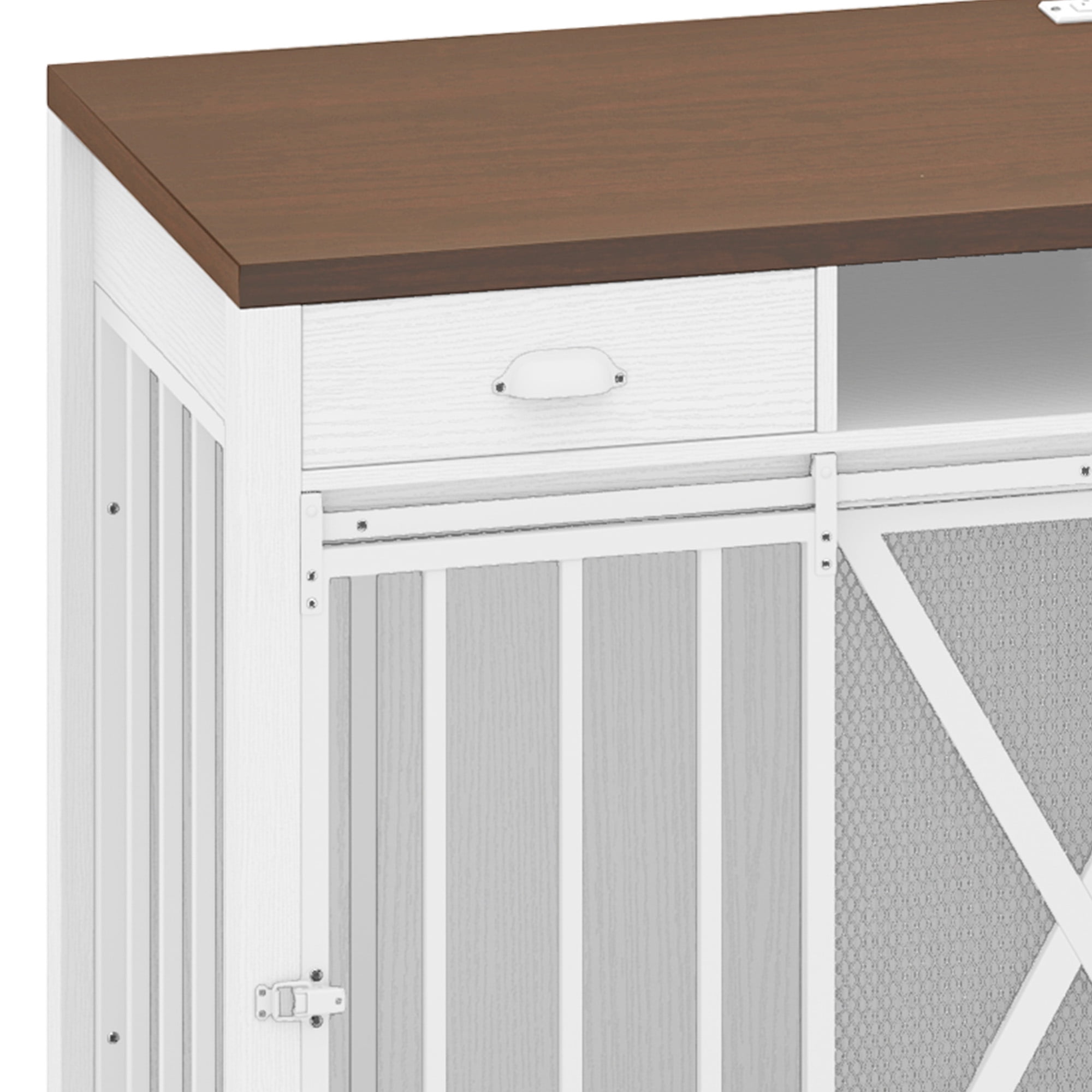 Uforic 63" Dog Crate Furniture with 2 Drawers,TV Stand with Charging Station 63" Large Wooden Indoor Dog Kennel - White