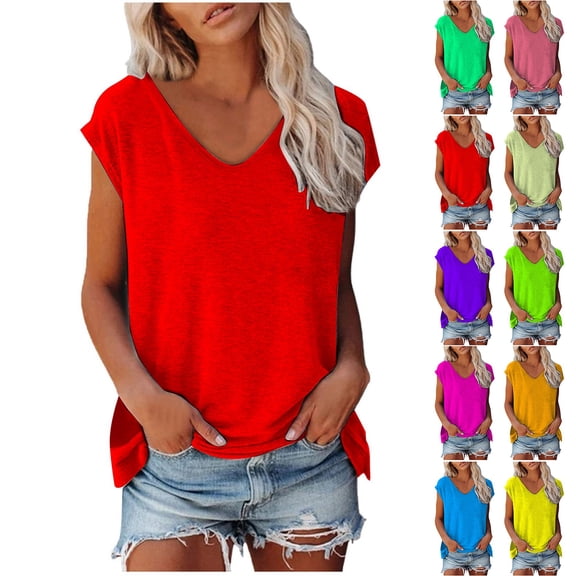 Trendfront Womens Summer V Neck Short Sleeve Tops Oversized Loose Fit Solid Color Tees Plain Casual Fashion Style Wear T-Shirts