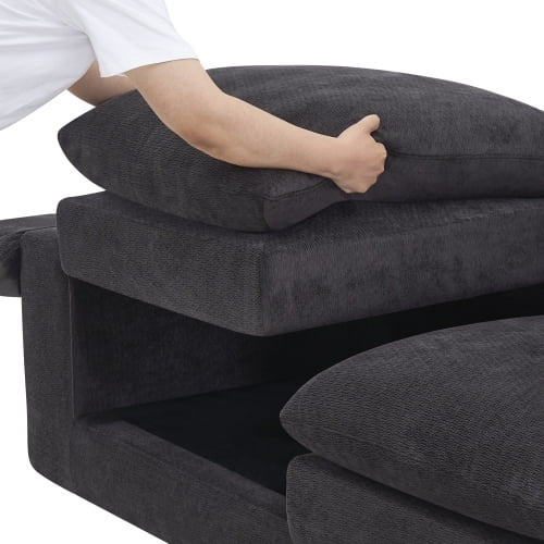 104" U Shape Cloud Couch with Movable Ottoman, Chenille Deep Seat Sofa with Soft Pillows, Black