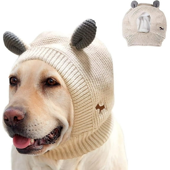 Quiet Ears for Dogs, Dog Ear Muffs Noise Protection Knitted Dog Hats Pet Ears Warm Dog Ear Cover Winter Hat Dog Head Wrap(Beige)