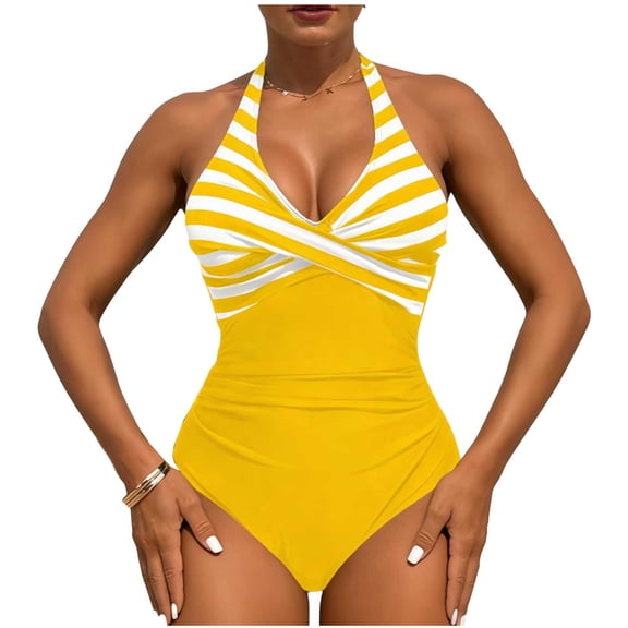 JSGEK Women's Striped Crisscross Tie One Piece Swimsuit Adjustable Straps Lightweight Fabric Beach Vacation Wear Yellow L