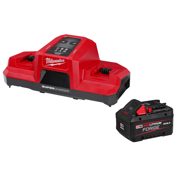 Milwaukee Tool M18 Dual Bay Simultaneous Super Charger Starter Kit with M18 18V Lithium-Ion REDLITHIUM FORGE XC 8.0 Ah Battery Pack