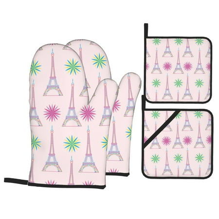 

Oven Mitts and Pot Holders Sets 4 pcs - Eiffel pink Towers Heat Resistant Silicone Oven Gloves with Non-Slip Silicone Surface and hot pads for kitchen Baking Cooking BBQ