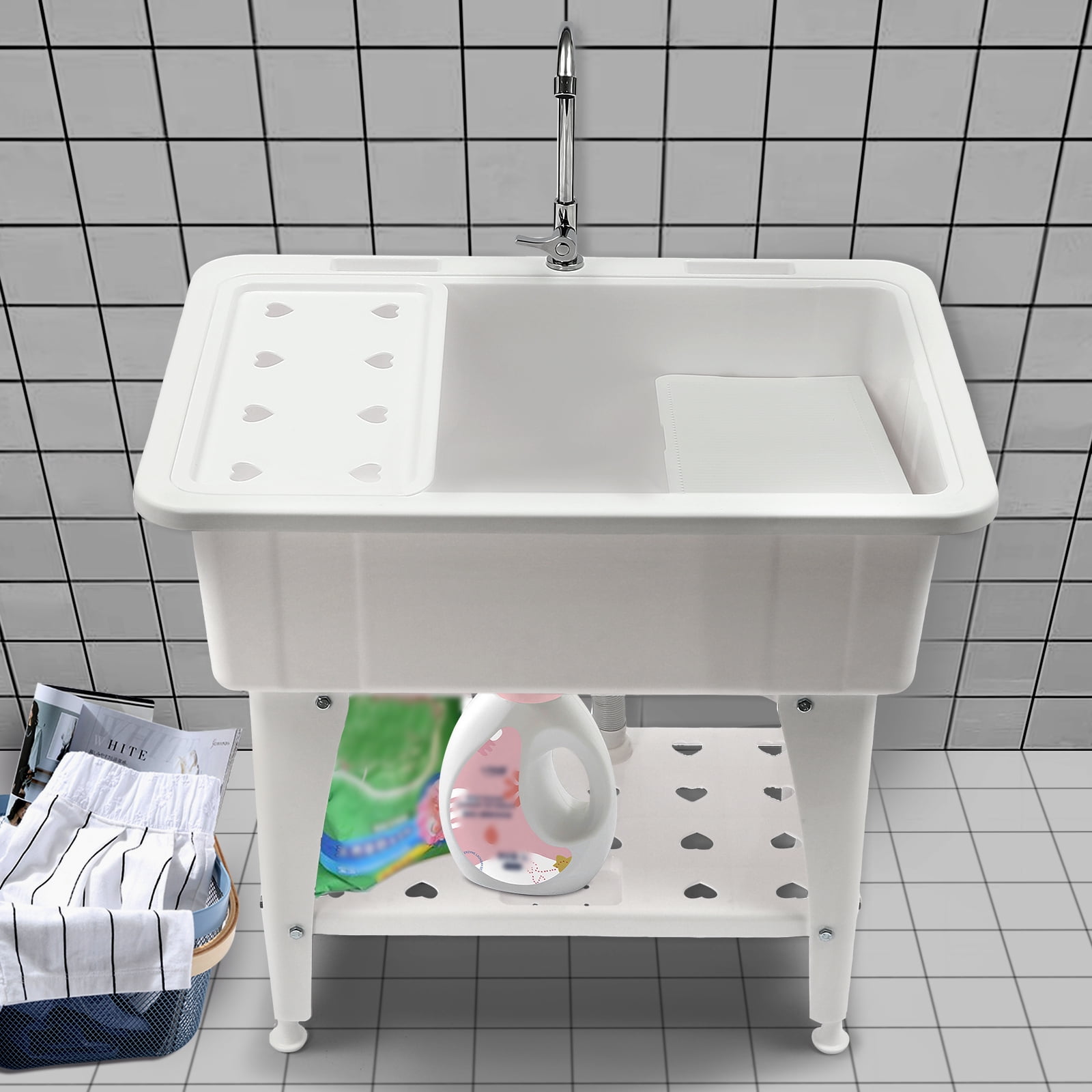 Freestanding Plastic Laundry Sink with Washboard PP 29.06gal Indoor and Outdoor Utility Sink Laundry Tub for Laundry Room Bathrooms Utility Rooms Garages 32.28*22.44*9.84in