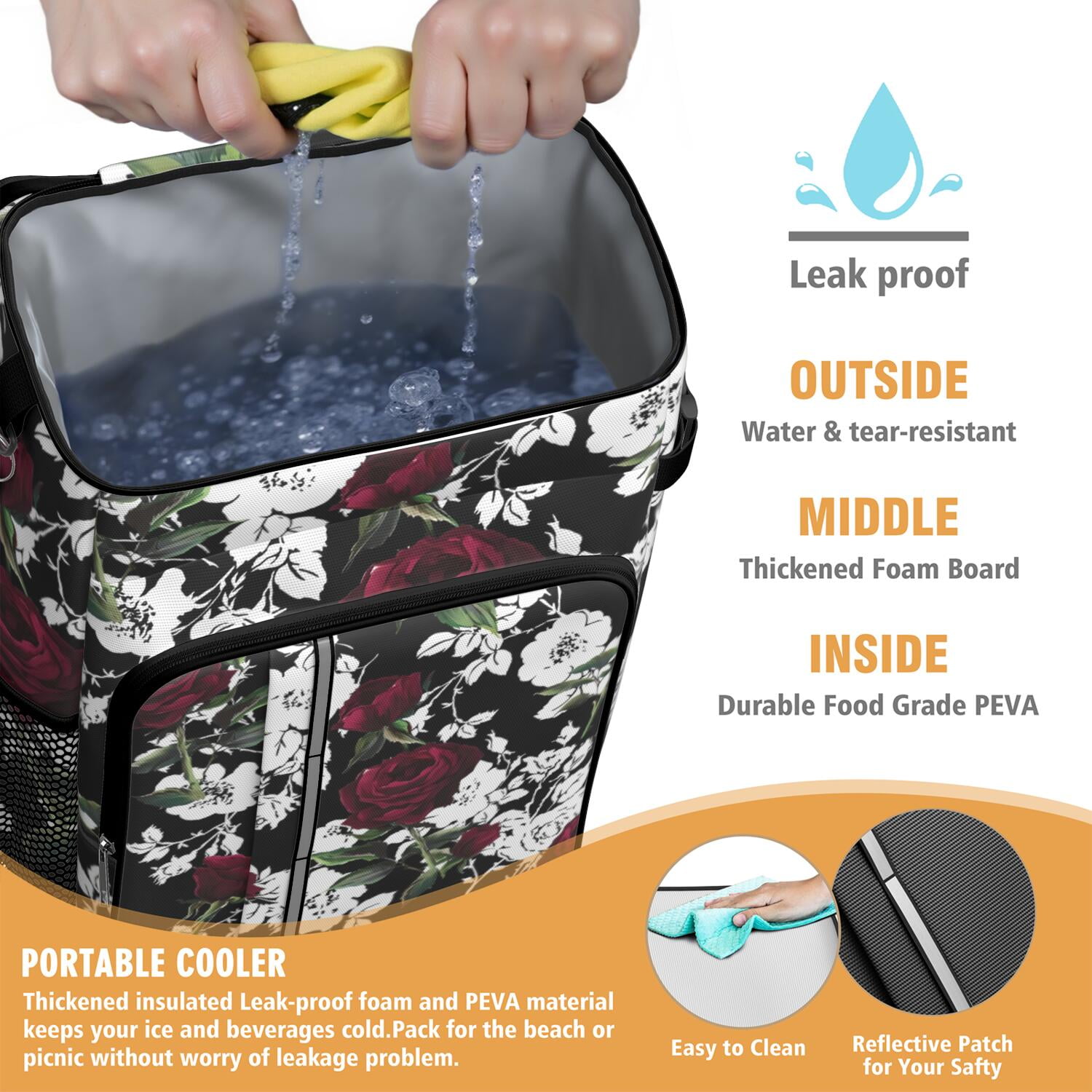Travel Cooler Bag - Pioneer Flower Floral Print Pattern Camping Beer Cooler Backpack with Bottle Opener- Waterproof Insulated Picnic Backpacks - Cooler Bag for Beach