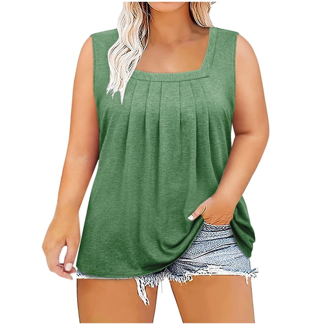 AherBiu Plus Size Tank Tops for Women Square Neck Sleeveless Ruched Tunic Tops to Wear with Leggings