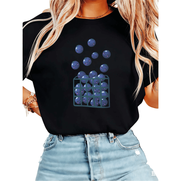 Women Casual Blue Green Blueberry Basket Graphic Tees Cotton Crew Neck Printed T Shirt Tops Black S-5XL