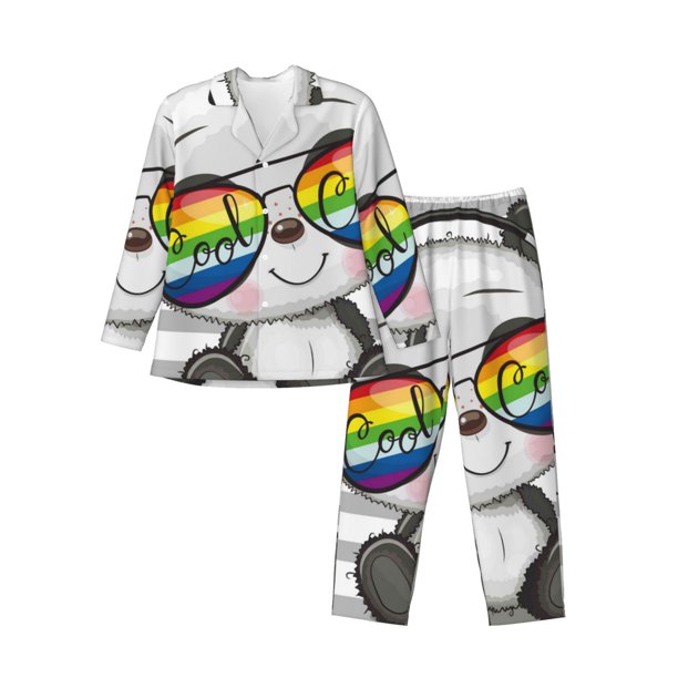 Fotbe Panda with Sun glasses Pijama de Hombre con Estampado de Manga Larga, Conjunto de 2 Piezas, Ropa de Dormir Suave y Cómoda con Bolsillos-Large