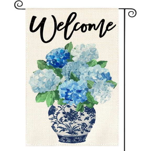 Spring Hydrangea Floral Welcome Garden Flag 12x18 Inch Double Sided Outside, Blue and White Chinoiserie Seasonal Yard Outdoor Flag