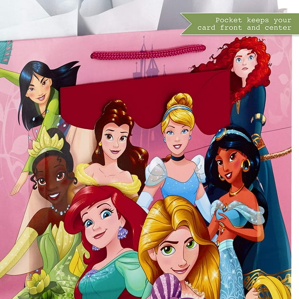 FFIY Grand sac cadeau Disney Princess 33 cm avec carte d'anniversaire et  papier de soie (Ariel, Belle, Raiponce, Cendrillon et plus) B07PKWJZY8 
