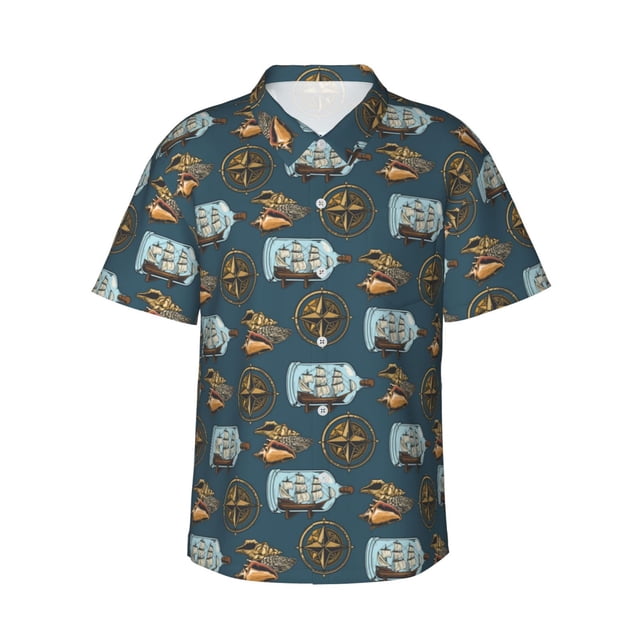 Balery Miniature Ship In Bottle Camisas hawaianas de manga corta para hombre, camisas playeras de corte holgado, camisas de vacaciones con botones,Large