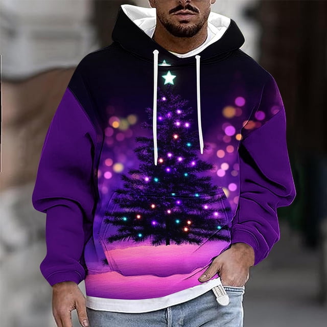 Sudadera con capucha para hombre, estilo casual, con cuello redondo, estampado de árbol de Navidad, manga larga, blusa de poliéster