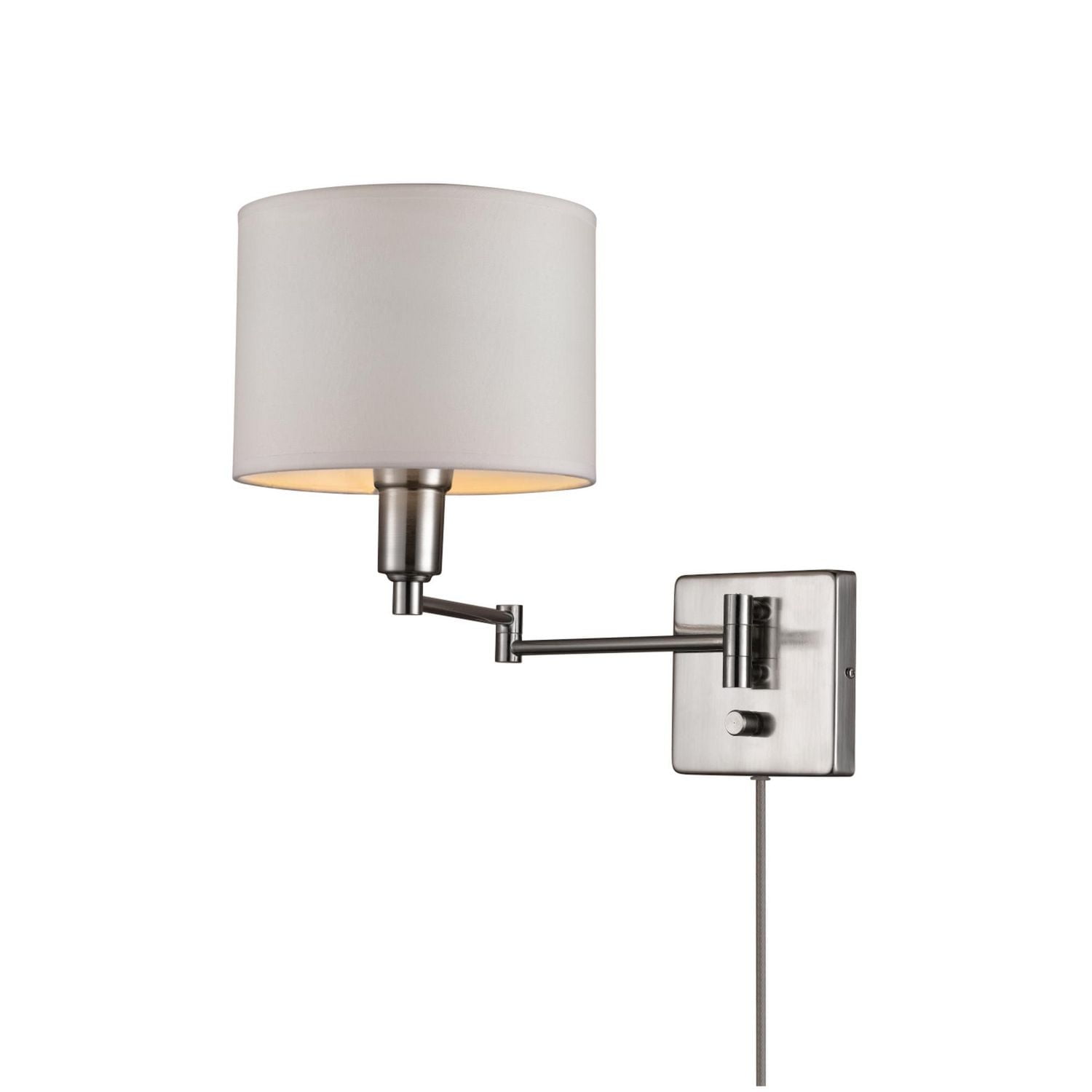 Globe Electric Bernard 1-Light Plug-In or Hardwire Metal Wall Sconce, Brushed Steel Finish, White Fabric Shade, 6ft Clear Cord, Rotary On/Off Switch, 65292