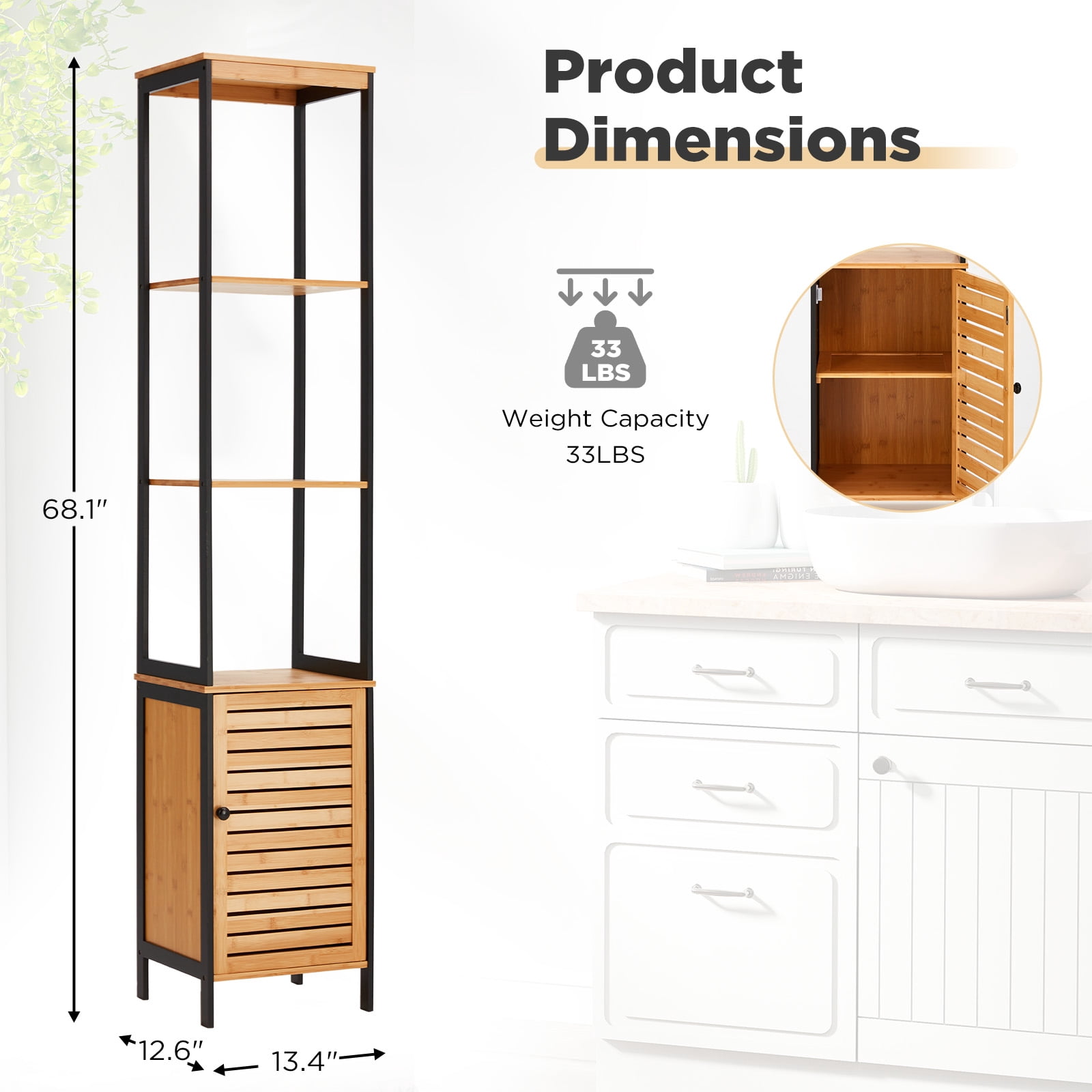 Danrelax 68" Bamboo Bathroom Cabinet, 5 Tier Floor Shelving Unit with Open Shelves & Cabinet Storage, Premium Moso Bamboo Organizer for Bathroom, Kitchen, or Living Room