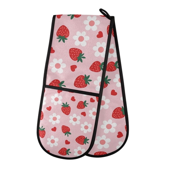 Yayeee Double Oven Mitt Kitchen Heat Resistant Baking 35" x7" Quilted Cotton Glove, Pink Floral Strawberry Pattern
