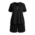 thumbnail image 5 of Plus Size Women's Plus Size 2 Piece Pajama Sets, V-Neck Short Sleeve Top & Drawstring Pocket Elastic Shorts, Oversized Solid Casual Home Outfit | TruHer,Black 4XL, 5 of 7