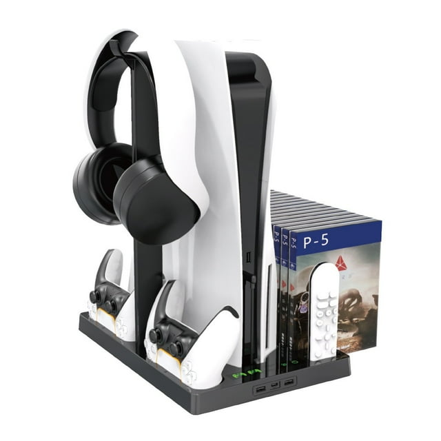 Vertical Stand for Playstation 5 with Cooling Fan Charging Station for PS5 Digital Edition/Ultra HD Console with Controller Charger Game Rack Storage Organizer for PS5