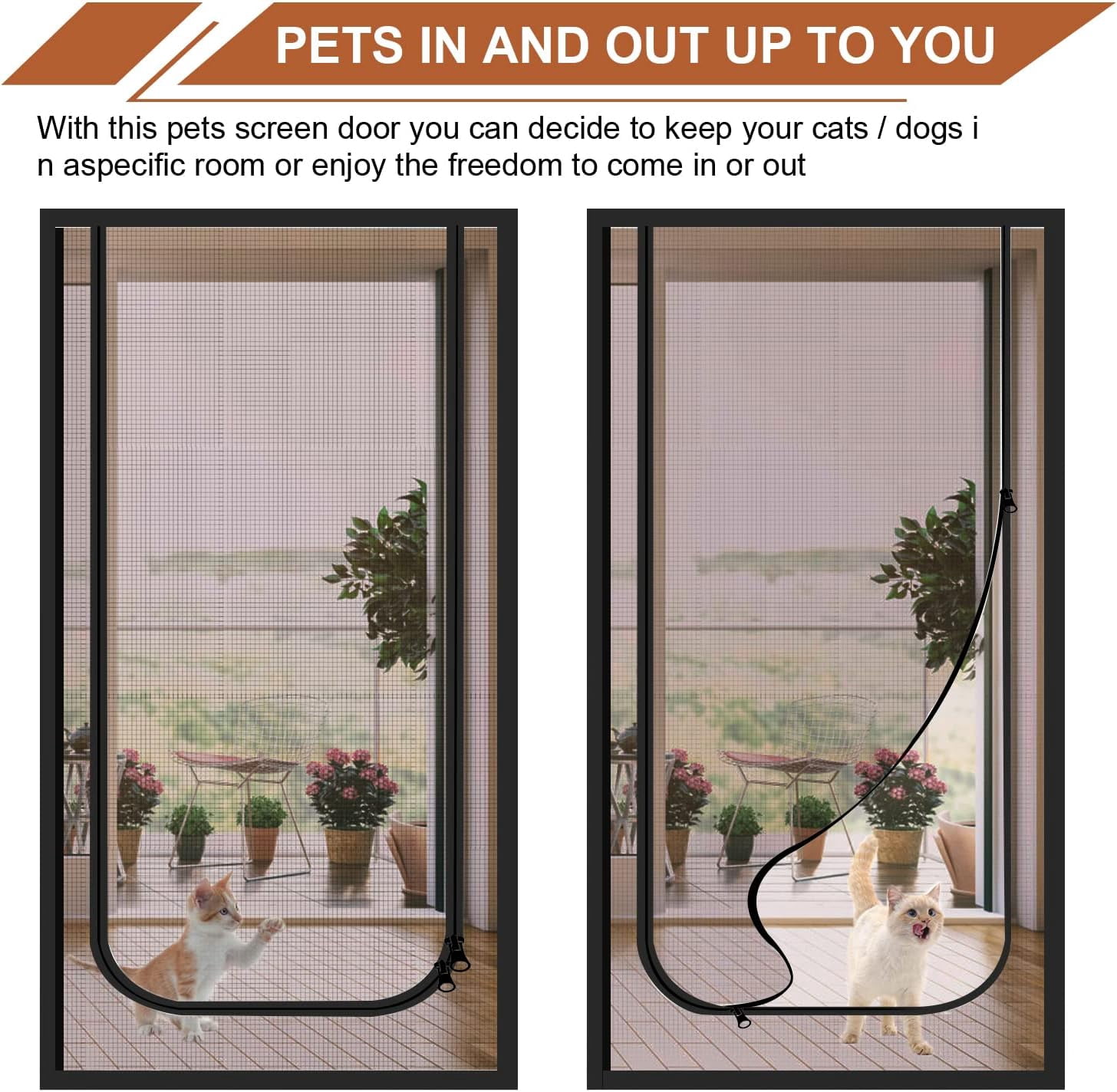 OhhGo Reinforced Cat Screen Door, 31.5X82.6'' Heavy Duty Pets Proof Screen Door with Bilateral Zipper, Prevent Dogs Cats Running Out from Home, Bedroom, Kitchen Patio Door, Black