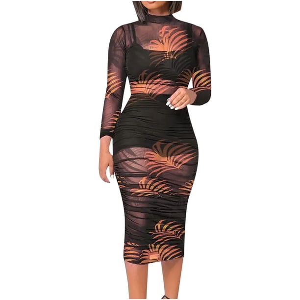 Vestidos Para Mujer Vestidos Midi Trendy Mesh Print Casual Long Sleeve Top + Falda Set 3Pcs Suit Odeerbi ODB162331