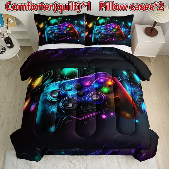 Gaming Controller Comforter Bedding Set for Boys Teens, Game Controller Printed Bed Set, 1 Comforter   2 Pillowcases, All Season Soft Bedding