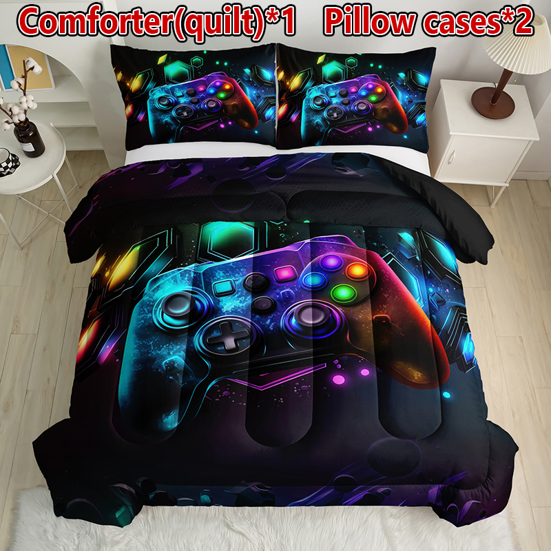 Gaming Controller Comforter Bedding Set for Boys Teens, Game Controller Printed Bed Set, 1 Comforter + 2 Pillowcases, All Season Soft Bedding