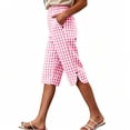 thumbnail image 3 of Women's Summer Cotton Blend Linen Checkered Elastic Waist Five Quarter Shorts With Pockets, Flowy Loose Fit Casual Bermuda Shorts, Lightweight Tummy Control Mid Rise | TruBelle,Pink 3XL, 3 of 9