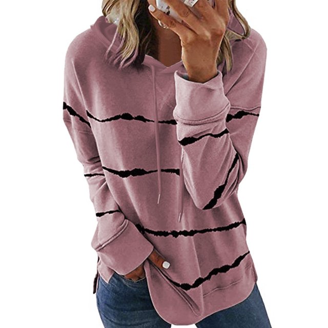 Avamo Women Casual Hooded Tops Long Sleeve Fall Striped Pink XL