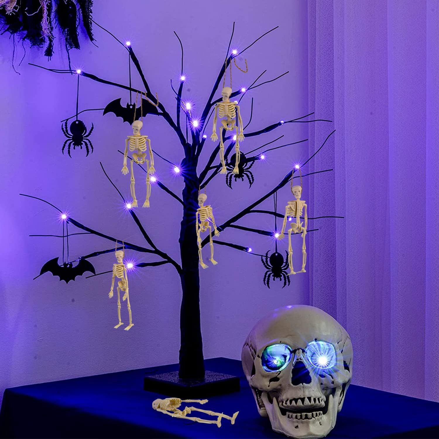 6 Pack Posable Mini Skeleton Figurines with Jute Rope for Halloween Decor